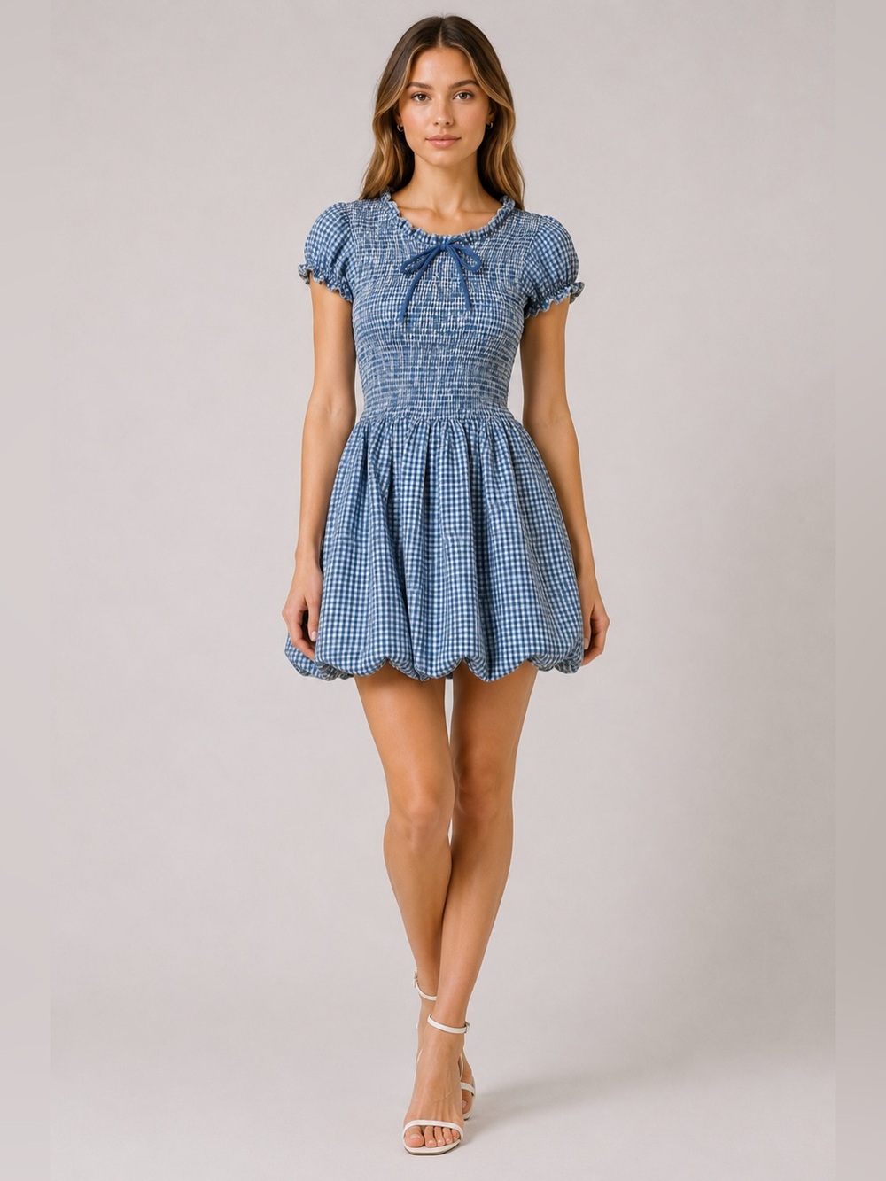 Sky t Moon Blue Gingham Smocked Mini Dress Small Cottagecore Balloon Hem Dorothy